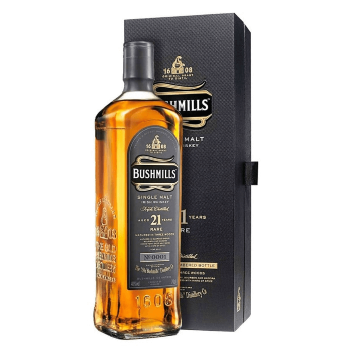 BUSHMILLS 21YO WHISKY SINGLE MALT 0,7L + PUDEŁKO