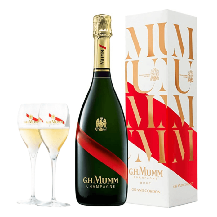 SZAMPAN MUMM GRAND CORDON BRUT 0,75L Z KIELISZKAMI W PREZENCIE