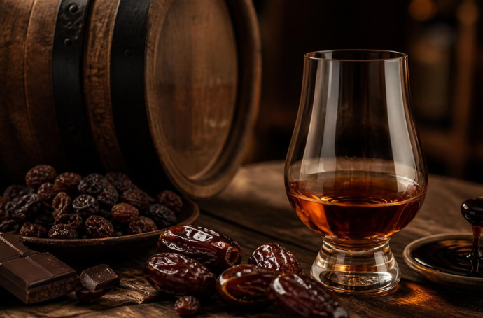 Kieliszek whisky z beczką, suszonymi owocami i czekoladą